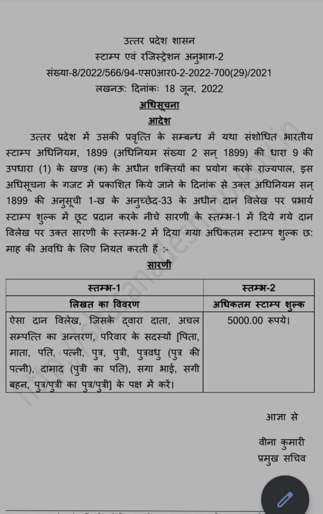 Stamp Duty On Gift Deed In Blood Relation In Uttar Pradesh U.P